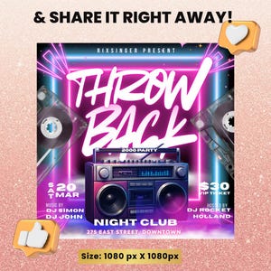 May include: A promotional poster for a "Throw Back 2000 Party" at a night club. The design features a retro boombox, cassette tapes, and neon pink and blue accents. The poster includes event details and social media icons.