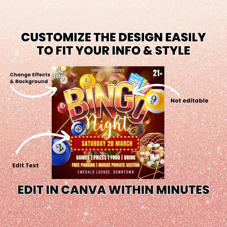 May include: A colorful flyer for a Bingo Night event at the Larana Club. The flyer features a large, stylized "Bingo Night" text with a red background and a yellow bingo cage with balls. The event is scheduled for Saturday, March 20th and includes games, prizes, food, and drinks. The flyer also mentions free parking and a private section. The flyer is editable in Canva.