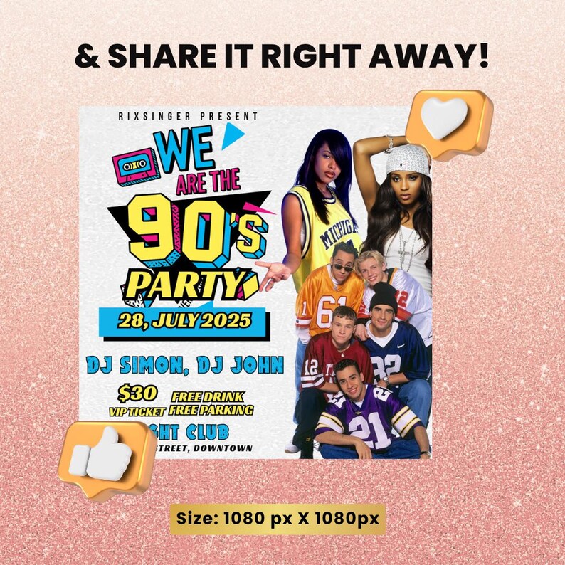 K&ouml;nnte beinhalten: Ein Werbeplakat f&uuml;r eine Party im 90er-Jahre-Stil. Das Design zeigt den Text "WE ARE THE 90'S PARTY" in kr&auml;ftigen, bunten Buchstaben sowie das Datum "28, JULY 2025". Bilder von Popstars der 90er-Jahre sind enthalten.