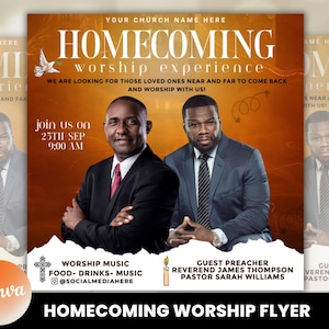 May include: A flyer for a Homecoming Worship Experience. The design features two men in suits, with text including "Homecoming," "Worship Experience," and "Join us on 25th Sep 9:00 AM." The flyer has a warm color scheme with a dove graphic.