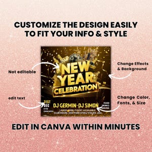 May include: A gold and black New Year's Eve party flyer with the text "New Year Celebration" and the date "31st Dec". The flyer also includes the names of the DJs, "DJ Germin-DJ Simon", and the location, "Club House, 1234 Park Steel/Your RX, USA".