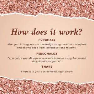 Puede incluir: Un fondo de purpurina rosa y dorado con un cuadro de texto blanco. El cuadro de texto explica c&oacute;mo usar una plantilla de Canva. El texto dice: "&iquest;C&oacute;mo funciona? COMPRA Despu&eacute;s de comprar, accede al dise&ntilde;o usando la plantilla de Canva enlace descargado de "compras y rese&ntilde;as". PERSONALIZA Personaliza tu dise&ntilde;o en tu navegador web usando Canva y desc&aacute;rgalo en tu PC. COMPARTE Comp&aacute;rtelo en tus redes sociales de inmediato!"