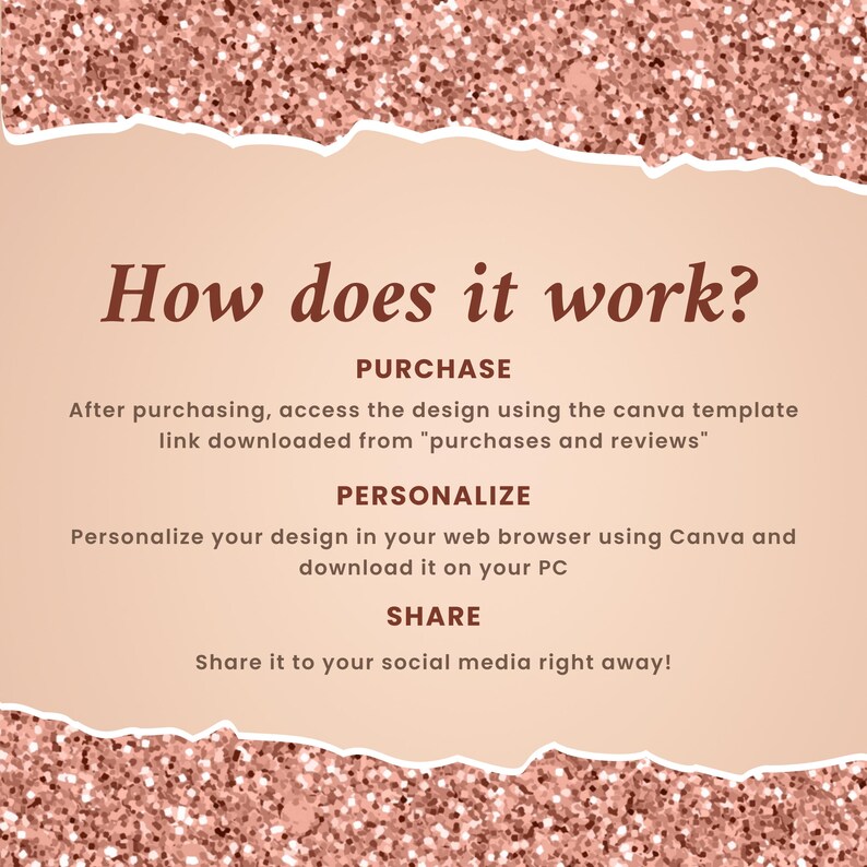 Puede incluir: Un fondo de purpurina rosa y dorado con un cuadro de texto blanco. El cuadro de texto explica c&oacute;mo usar una plantilla de Canva. El texto dice: "&iquest;C&oacute;mo funciona? COMPRA Despu&eacute;s de comprar, accede al dise&ntilde;o usando la plantilla de Canva enlace descargado de "compras y rese&ntilde;as". PERSONALIZA Personaliza tu dise&ntilde;o en tu navegador web usando Canva y desc&aacute;rgalo en tu PC. COMPARTE Comp&aacute;rtelo en tus redes sociales de inmediato!"