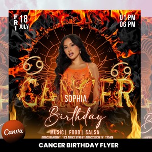 Cancer Birthday Flyer, Birthday Template, Birthday Girl, Party Flyer, Celebration Flyer, Birthday Event, Birthday Invite, Canva Template