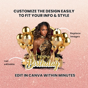 May include: A digital design template with a woman in a leopard print dress, gold balloons, and champagne bottles. The words "Happy Birthday" are in gold script. Text reads "Customize the design easily to fit your info & style" and "Edit in Canva within minutes."