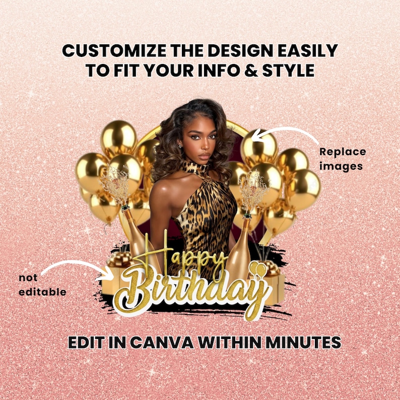 May include: A digital design template with a woman in a leopard print dress, gold balloons, and champagne bottles. The words "Happy Birthday" are in gold script. Text reads "Customize the design easily to fit your info & style" and "Edit in Canva within minutes."
