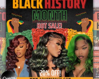 Black History Month-flyer, bokningsflyer för februari, Black BHM för februari, bokningsflyer, MUA-flyer för hår, fransar och naglar
