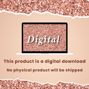 K&ouml;nnte beinhalten: Eine Grafik f&uuml;r einen digitalen Download mit einem Laptop-Bildschirm, auf dem das Wort "Digital" in wei&szlig;er Schrift auf einem rosafarbenen Glitzerhintergrund angezeigt wird. Der Text "Dieses Produkt ist ein digitaler Download. Es wird kein physisches Produkt versandt." befindet sich unter dem Laptop.