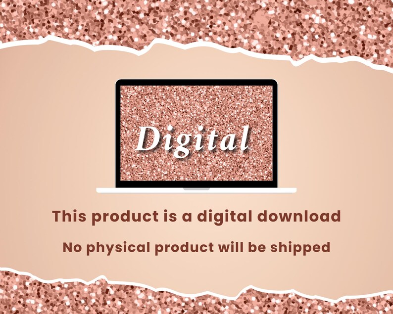 K&ouml;nnte beinhalten: Eine Grafik f&uuml;r einen digitalen Download mit einem Laptop-Bildschirm, auf dem das Wort "Digital" in wei&szlig;er Schrift auf einem rosafarbenen Glitzerhintergrund angezeigt wird. Der Text "Dieses Produkt ist ein digitaler Download. Es wird kein physisches Produkt versandt." befindet sich unter dem Laptop.