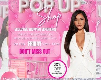 Puede incluir: Un folleto rosa y blanco con el texto "POP UP Shop" en letras grandes y en negrita. El folleto anuncia una experiencia de compra exclusiva con DJ en vivo, vendedores de moda, bebidas refrescantes y regalos. El evento es el viernes 28 de febrero de 4 PM a 10 PM. El folleto también incluye el texto "NO TE LO PIERDAS" y un anuncio de venta del 20% de descuento en toda la colección.