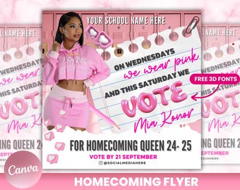 May include: Pink and white flyer with a photo of a woman wearing a pink crop top and skirt. The flyer says "Vote Mia Konor for Homecoming Queen 24-25" and "On Wednesdays we wear pink and this Saturday we vote".