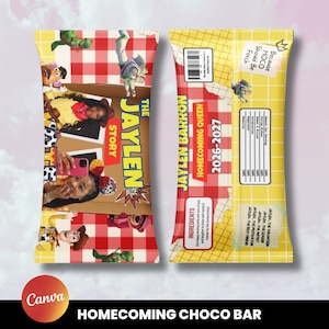 May include: A custom chocolate bar wrapper featuring a red and white checkered pattern and yellow grid accents. The front displays the text The Jaylen Story with cartoon characters. The back includes a nutrition label, the text Jaylen Barron Homecoming Queen 2026-2027, and a list of ingredients.