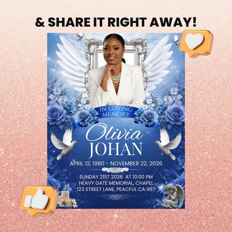 Peut inclure: Annonce comm&eacute;morative avec une photo d'une femme en blazer blanc, des ailes d'ange et des roses bleues. Le texte comprend "In Loving Memory", le nom "Olivia Johan", les dates et les d&eacute;tails de la c&eacute;r&eacute;monie.