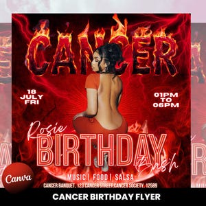 Cancer Birthday Flyer, Birthday Template, Birthday Girl, Party Flyer, Celebration Flyer, Birthday Event, Birthday Invite, Canva Template
