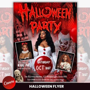 Puede incluir: Un folleto de fiesta de Halloween con texto rojo que gotea, una persona con un disfraz de corsé blanco, un gráfico de payaso y dos fotos insertadas. El texto incluye: Halloween Party, Eat, Drink & Be Scary, Saturday Oct 31st, 8:00 PM, 123 Wicked Lane, Suite 666.
