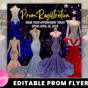 May include: A flyer for prom registration with the text "Prom Registration" and "Book your appointment today. Opens April 20, 2024". The flyer features five mannequins wearing different sparkly prom dresses in shades of blue, silver, purple, and red.