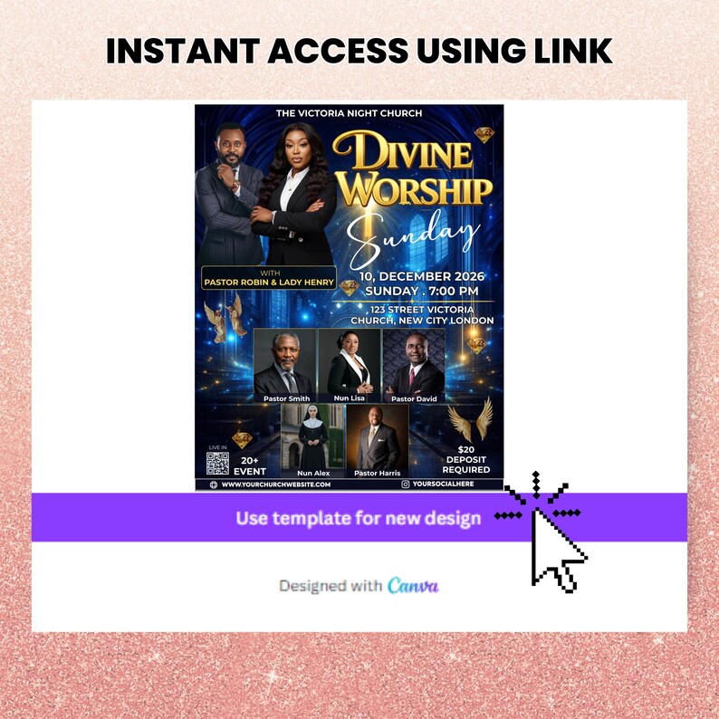Puede incluir: Un folleto promocional para "Divine Worship Sunday" en The Victoria Night Church, con el pastor Robin y Lady Henry. El dise&ntilde;o incluye im&aacute;genes de l&iacute;deres de la iglesia, detalles del evento y el texto "Instant Access Using Link."