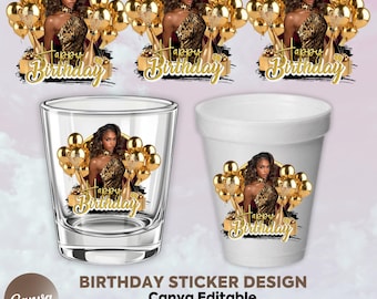 Gold Birthday Sticker, Styrofoam Cup Sticker, Shot Glass, All Zodiac Signs, T-Shirt Design, Canva Template, Instant Download