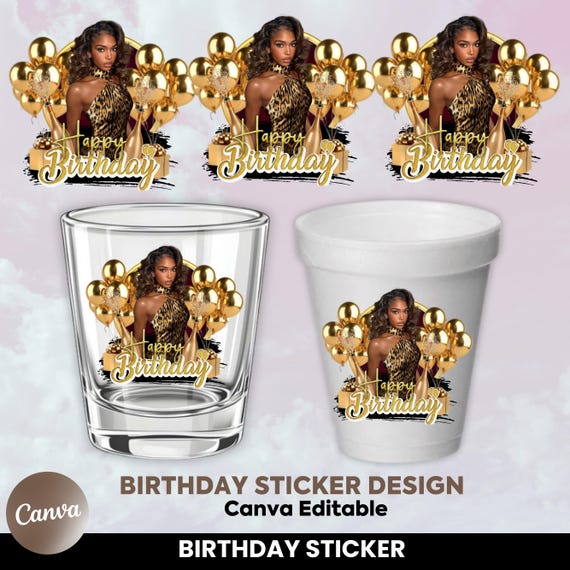 Gold Birthday Sticker, Styrofoam Cup Sticker, Shot Glass, All Zodiac Signs, T-Shirt Design, Canva Template, Instant Download