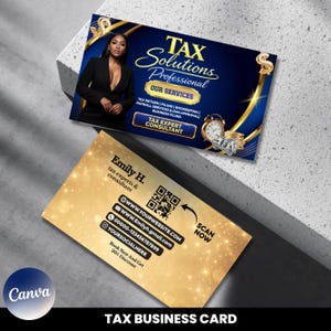 Może przedstawiać: Wizytówka w złotym i niebieskim kolorze. Karta zawiera tekst "TAX Solutions Professional" i "Emily H., tax experts & consultant." Karta zawiera również dane kontaktowe i kod QR. Na dole karty widnieje napis "TAX BUSINESS CARD."