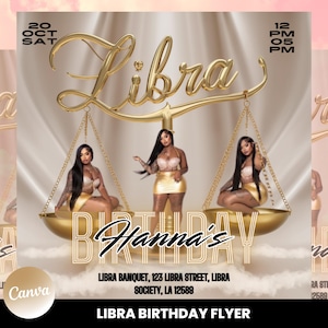 May include: A gold Libra scale with two women sitting on each side. The scale is on a white background with clouds. The text "Libra Birthday Flyer" is at the bottom of the image. The text "Hanna's Birthday" is in the center of the image. The text "20 Oct Sat" is in the top left corner of the image. The text "12 PM 05 PM" is in the top right corner of the image.