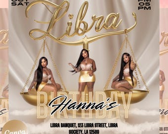 Flyer de aniversário de Libra editável, modelo de aniversário, aniversariante, flyer de aniversário rosa, temporada de Libra, flyer de festa, flyer de celebração