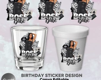 Black And Silver Birthday Sticker, Styrofoam Cup Sticker, Shot Glass, All Zodiac Signs, T-Shirt Design, Canva Template, Instant Download