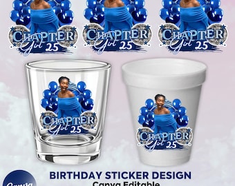 Pegatina de cumpleaños azul, pegatina para vaso de poliestireno, vaso de chupito, todos los signos del zodíaco, diseño de camiseta, plantilla de Canva, descarga instantánea