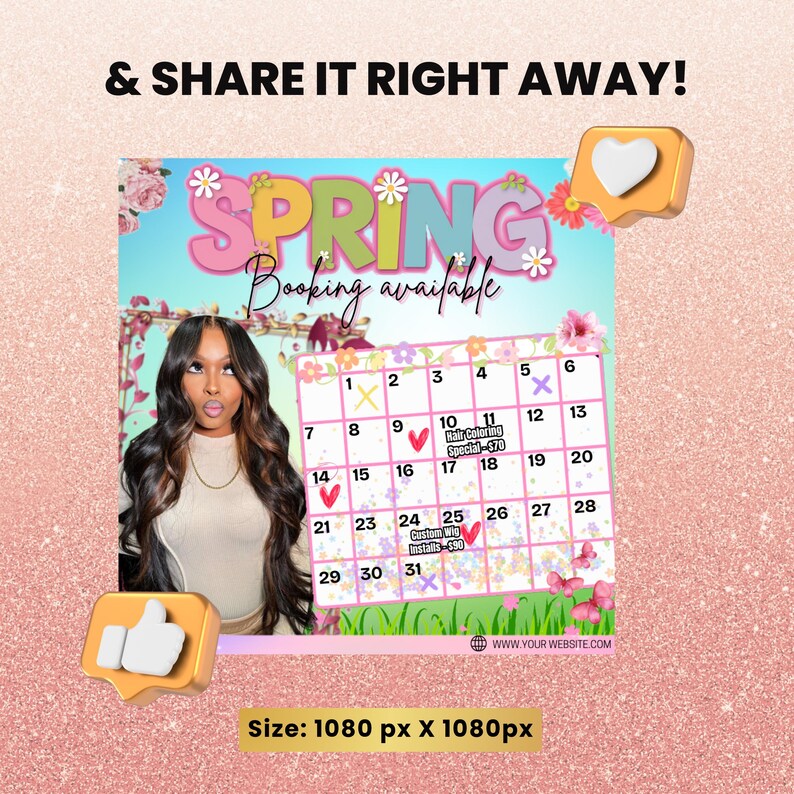 Puede incluir: Un calendario rosa y verde con la palabra "SPRING" en letras grandes y coloridas. El calendario tiene las fechas del mes de abril con precios especiales para la coloraci&oacute;n del cabello y la instalaci&oacute;n de pelucas. El texto "Booking available" est&aacute; debajo de la palabra "SPRING".