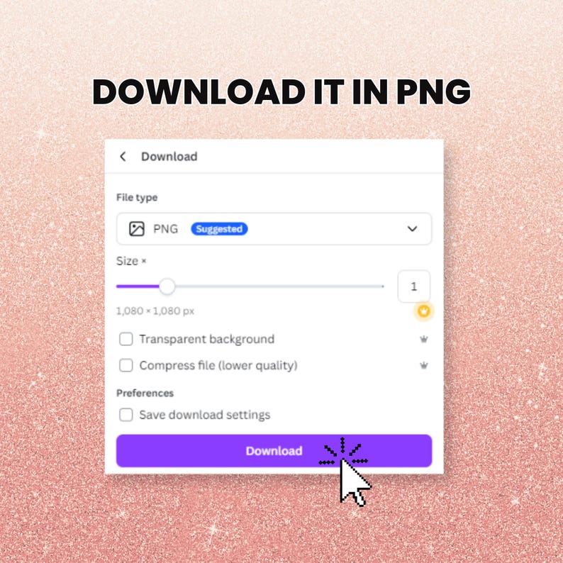 Puede incluir: Una captura de pantalla de una ventana de configuraci&oacute;n de descarga con la opci&oacute;n de descargar un archivo PNG. El tama&ntilde;o del archivo est&aacute; configurado en 1080 x 1080 p&iacute;xeles. Las opciones para comprimir el archivo y guardar la configuraci&oacute;n de descarga est&aacute;n desmarcadas. El bot&oacute;n de descarga est&aacute; resaltado.