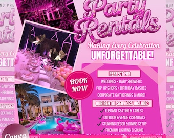 Flyer feestverhuur en evenementbenodigdheden | DIY-sjabloon | Verhuur evenementenmateriaal | Kant-en-klare decoratie voor feestplanning | Bewerkbaar canvas