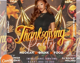 Thanksgiving Party Flyer, Thanksgiving Club Invite, Friendsgiving Dinner Invite, Celebration Flyer, Social Media Flyer, Canva Editable