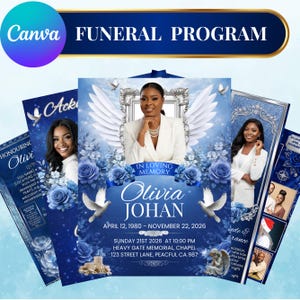 May include: A funeral program template with a blue and white design. The program features a photo of a woman, angel wings, doves, and floral accents. Text includes the name Olivia Johan and memorial details.