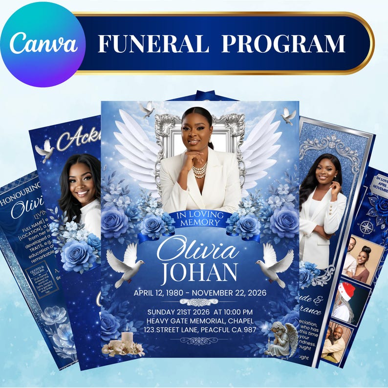 Peut inclure: Un mod&egrave;le de programme fun&eacute;raire bleu et blanc. Il pr&eacute;sente une photo d'une femme, des ailes d'ange, des colombes et des &eacute;l&eacute;ments floraux. Le texte comprend le nom Olivia Johan et les d&eacute;tails du m&eacute;morial.