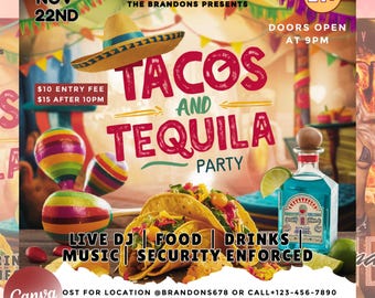 Folleto de Tacos y Tequila / Folleto de Martes de Tacos / Folleto de Fiesta de Tequila / Folleto de Discoteca / Evento de Baile para Adultos / Folleto Editable de Martes de Tacos