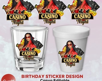 Casino Birthday Sticker, Styrofoam Cup Sticker, Shot Glass, T-Shirt Design, Canva Template, Instant Download