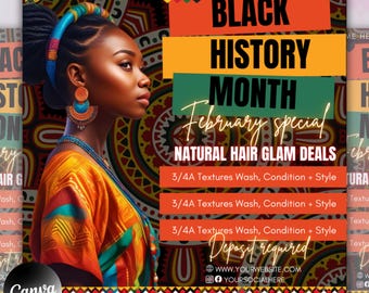 Black History Month-flyer, bokningsflyer för februari, Black BHM för februari, bokningsflyer, MUA-flyer för hår, fransar och naglar