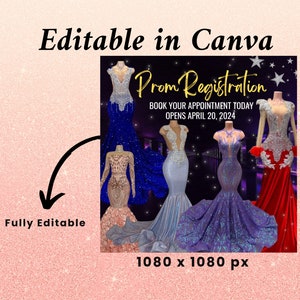 May include: A digital graphic for a prom registration event. The graphic features four mannequins wearing sparkly prom dresses in blue, gold, silver, and red. The text reads "Prom Registration" and "Book your appointment today. Opens April 20, 2024".