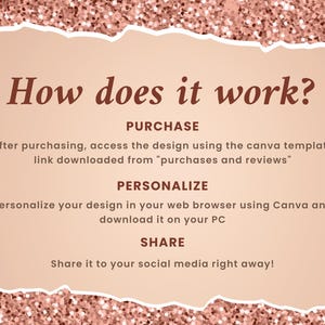 May include: A pink and white graphic with the text "How does it work?" and instructions on how to purchase, personalize, and share a design.