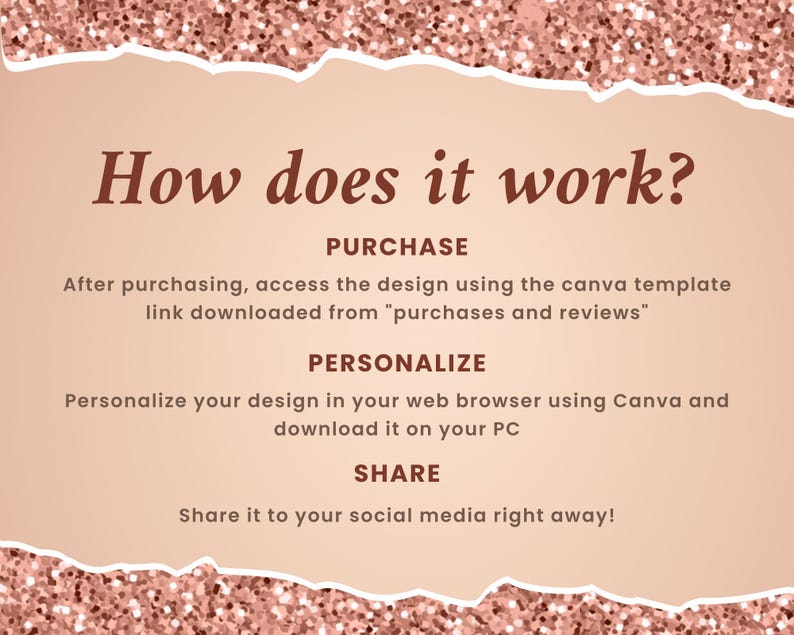 May include: A pink and white graphic with the text "How does it work?" and instructions on how to purchase, personalize, and share a design.