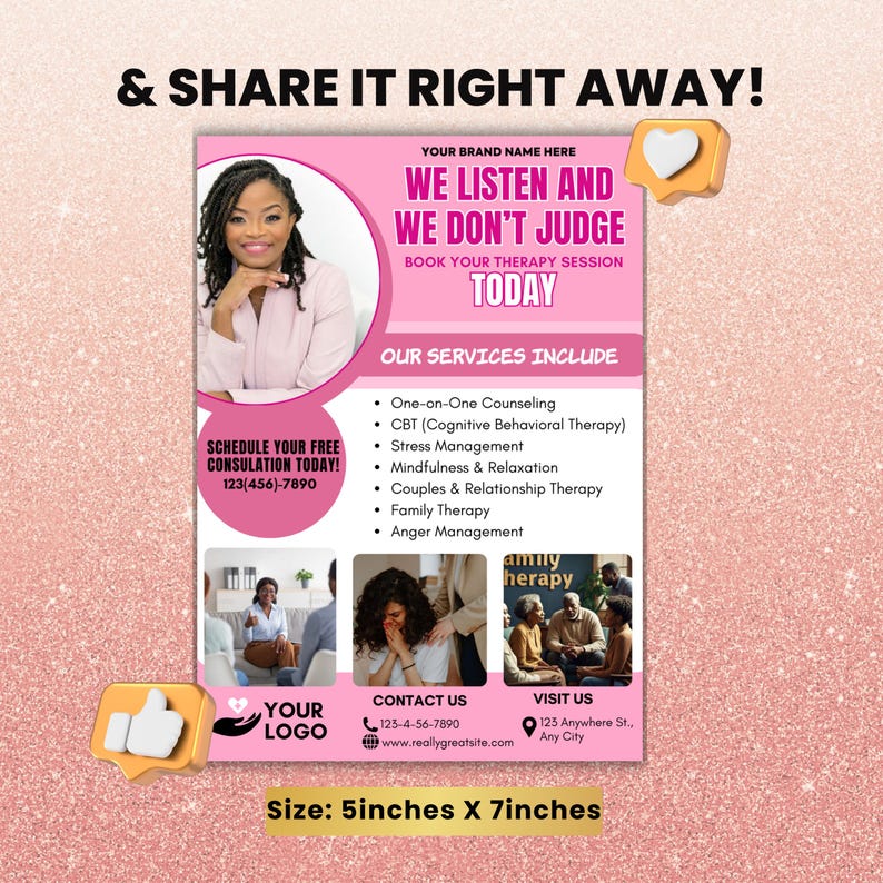 May include: Pink and white flyer with a photo of a woman smiling. The flyer advertises therapy services, including one-on-one counseling, CBT, stress management, mindfulness, couples therapy, family therapy, and anger management. The flyer includes contact information and a call to action to schedule a free consultation.