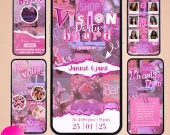 May include: A pink and white digital invitation for a vision board party. The invitation features a collage of images with the text "Vision Party Board" and "Hosted by Jannie & Jane". The invitation also includes the date and time of the party: "At 4:00 pm - 9 pm 25 | 01 | 25".
