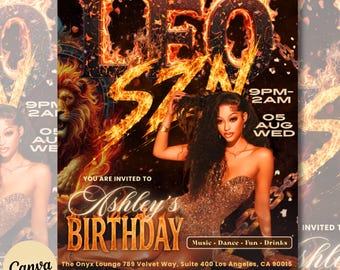 Leo Season Birthday Flyer, Leo Birthday Flyer, Birthday Girl Flyer, Birthday Event Celebration Flyer, Birthday Party Invite Canva Template