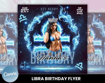 Flyer de aniversário de Libra editável, modelo de aniversário, aniversariante, flyer de aniversário rosa, temporada de Libra, flyer de festa, flyer de celebração
