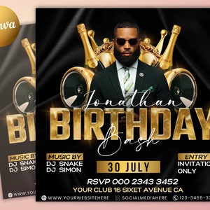 May include: A black and gold birthday party invitation featuring a man in sunglasses and a suit. The text reads "Jonathan Birthday Bash" and "30 July".