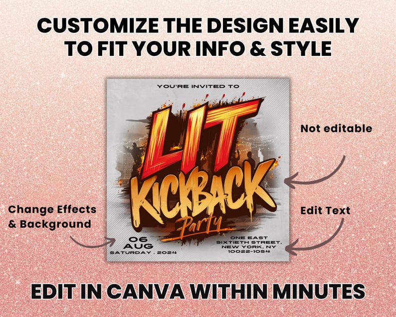 K&ouml;nnte beinhalten: Eine anpassbare Einladungsvorlage f&uuml;r eine Party mit dem Text "You're invited to LIT KICKBACK Party" in rot-schwarzer Graffiti-Schrift. Das Datum ist der 6. August 2024. Der Text "Edit Text" und "Not editable" ist im Bild enthalten.