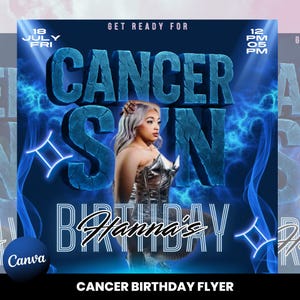 Cancer Birthday Flyer, Birthday Template, Birthday Girl, Party Flyer, Celebration Flyer, Birthday Event, Birthday Invite, Canva Template