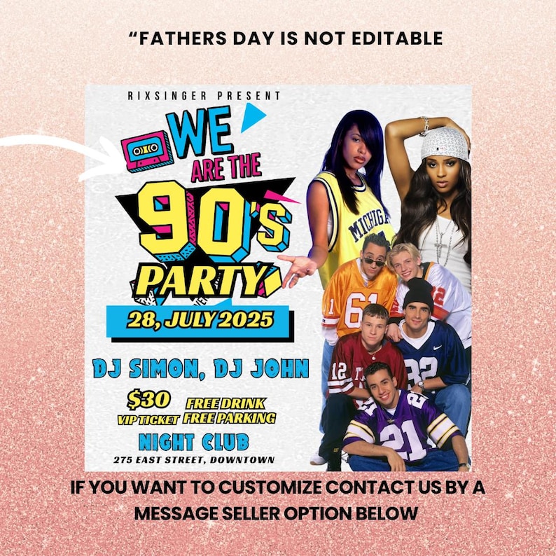 K&ouml;nnte beinhalten: Ein Werbeplakat f&uuml;r eine Party zum Thema 90er Jahre. Das Plakat zeigt den Text "We Are The 90's Party" mit dem Datum "28. Juli 2025". Das Plakat enth&auml;lt Bilder von Musikern der 90er Jahre und den Text "Night Club".
