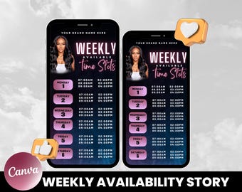 Weekly Availability Instagram Story, Instagram Story Schedule Template, Available Appointments Calendar, Editable Canva Template