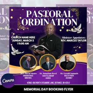 May include: A purple flyer with gold accents announces a pastoral ordination. The flyer features a central image of a man holding a book, with text that reads "PASTORAL ORDINATION." Additional portraits of ministers are included, along with the date, time, and location.
